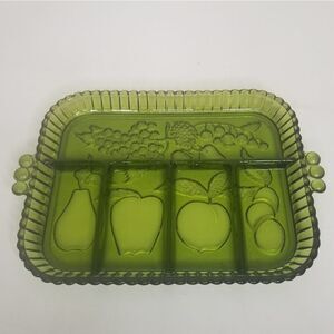 Vintage Indiana Glass Green Divided 5 Part Relish Serving Tray Fruit Olive